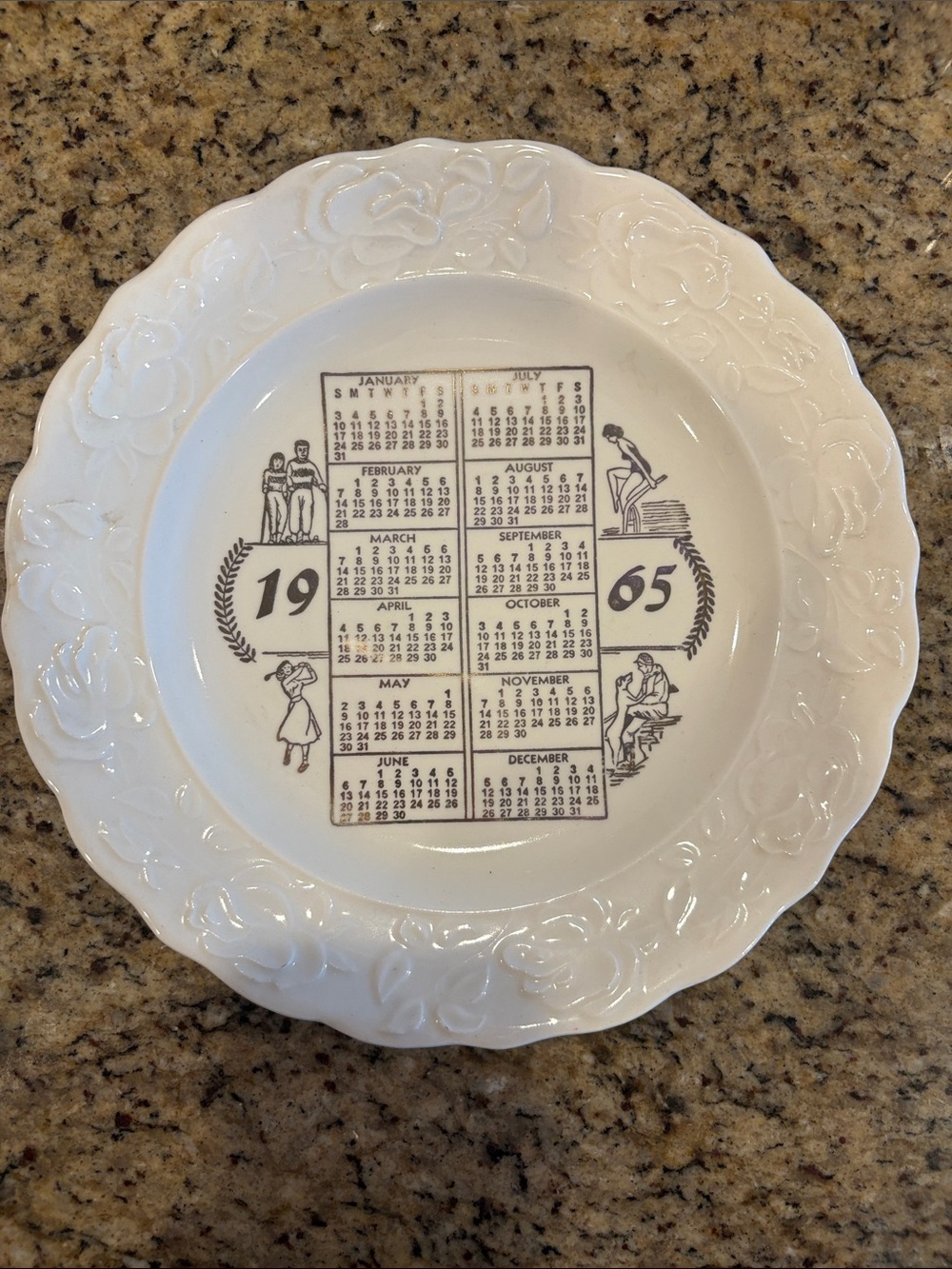 1965 Calendar Plate 10" Birthday Year Anniversary Sporting Theme Scalloped Edge